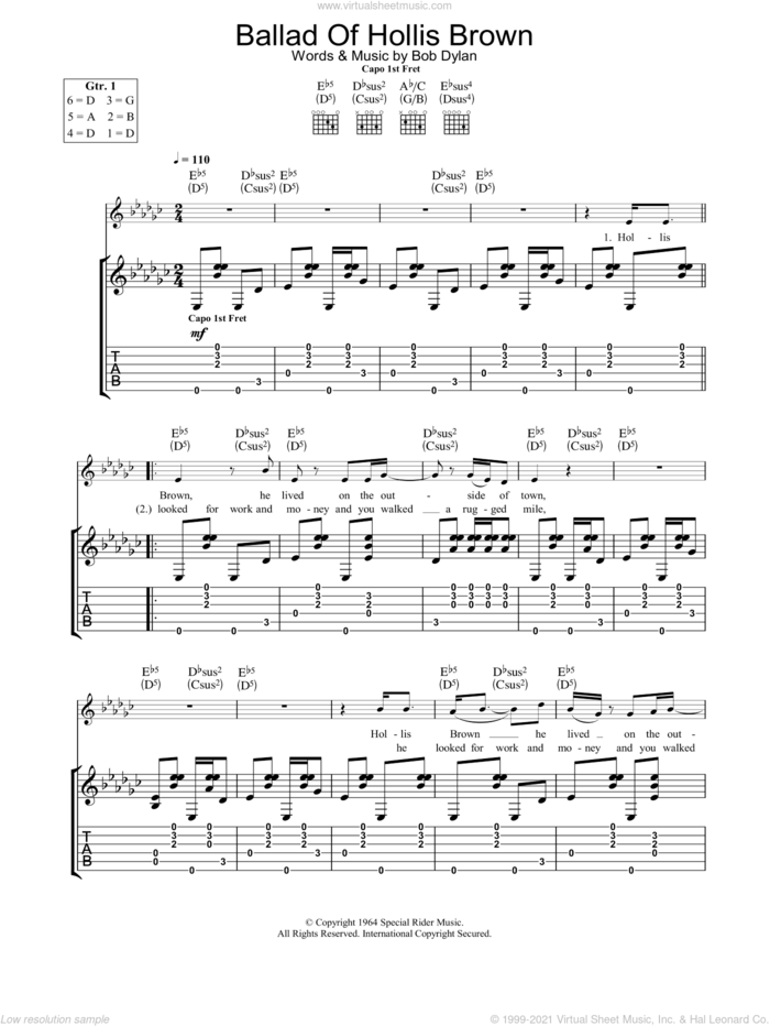 Ballad Of Hollis Brown sheet music for guitar (tablature) by Bob Dylan, intermediate skill level