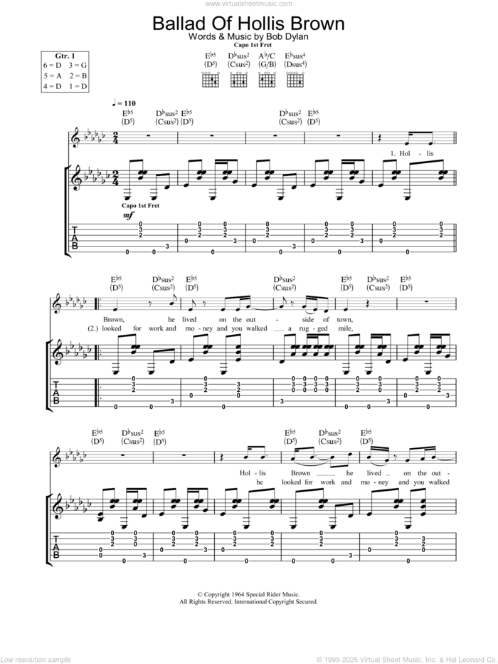 Ballad Of Hollis Brown sheet music for guitar (tablature) by Bob Dylan, intermediate skill level