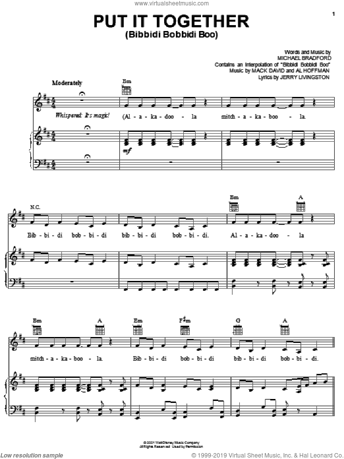 Put It Together (Bibbidi Bobbidi Boo) sheet music for voice, piano or guitar by Jerry Livingston, Al Hoffman, Mack David and Michael Bradford, intermediate skill level