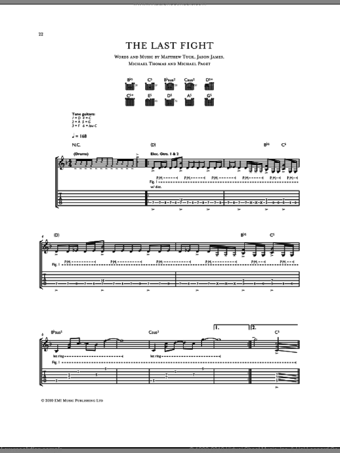 The Last Fight sheet music for guitar (tablature) by Bullet For My Valentine, Don Gilmore, Jason James, Matthew Tuck, Michael Paget and Michael Thomas, intermediate skill level
