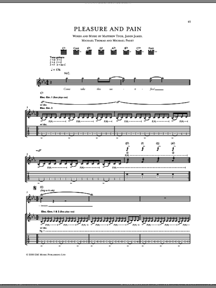Pleasure And Pain sheet music for guitar (tablature) by Bullet For My Valentine, Don Gilmore, Jason James, Matthew Tuck, Michael Paget and Michael Thomas, intermediate skill level