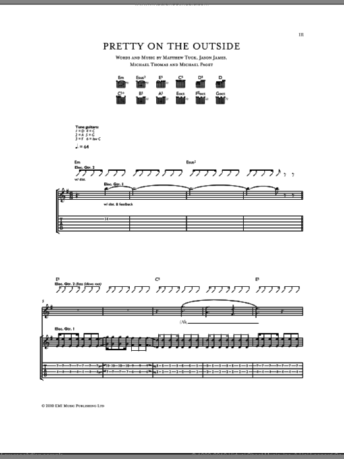Pretty On The Outside sheet music for guitar (tablature) by Bullet For My Valentine, Don Gilmore, Jason James, Matthew Tuck, Michael Paget and Michael Thomas, intermediate skill level