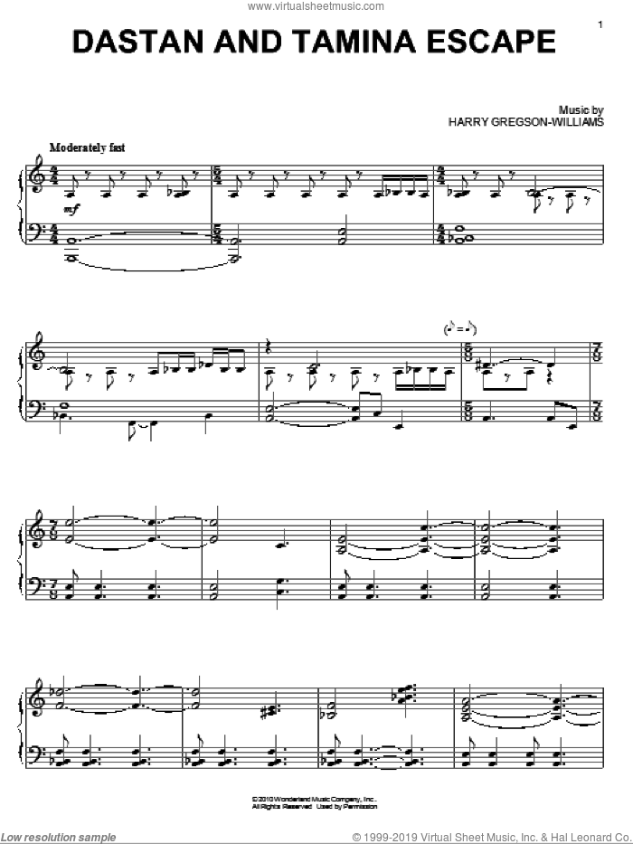 Dastan And Tamina Escape sheet music for piano solo by Harry Gregson-Williams and Prince Of Persia (Movie), intermediate skill level