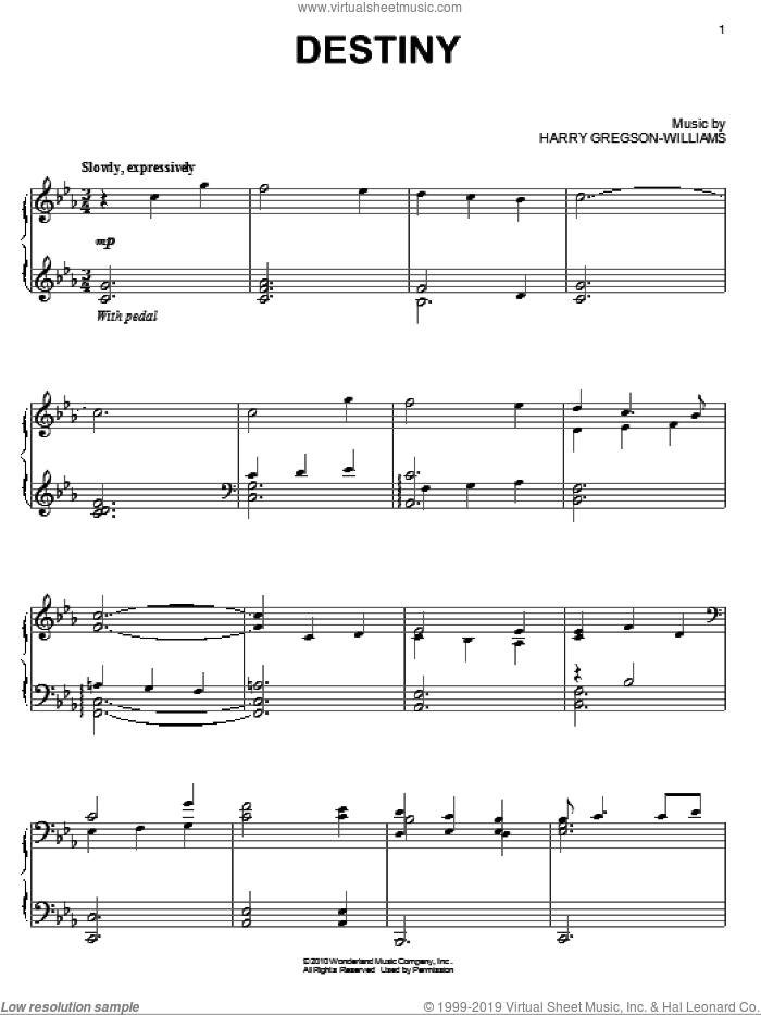 Destiny sheet music for piano solo by Harry Gregson-Williams and Prince Of Persia (Movie), intermediate skill level