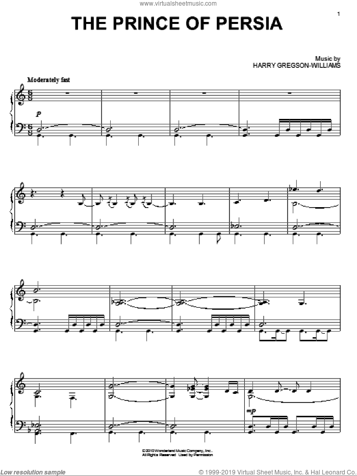 The Prince Of Persia sheet music for piano solo by Harry Gregson-Williams and Prince Of Persia (Movie), intermediate skill level