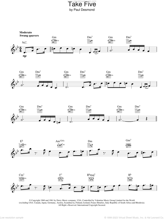 Take Five sheet music for voice and other instruments (fake book) by Dave Brubeck and Paul Desmond, intermediate skill level