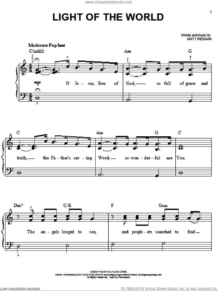 Light Of The World sheet music for piano solo by Chris Tomlin and Matt Redman, easy skill level