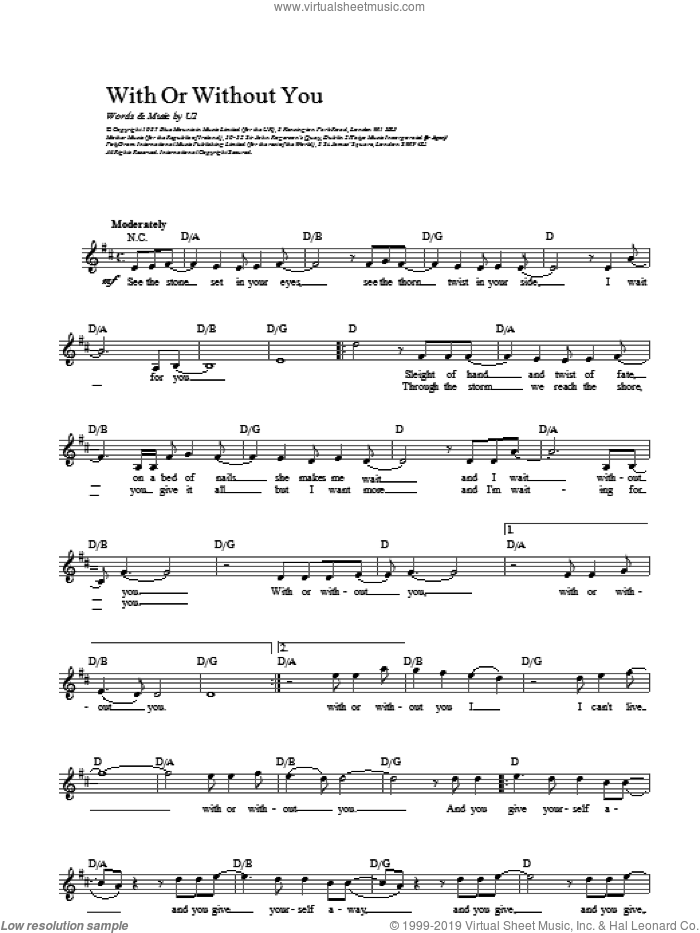 With Or Without You sheet music for voice and other instruments (fake book) by U2, intermediate skill level