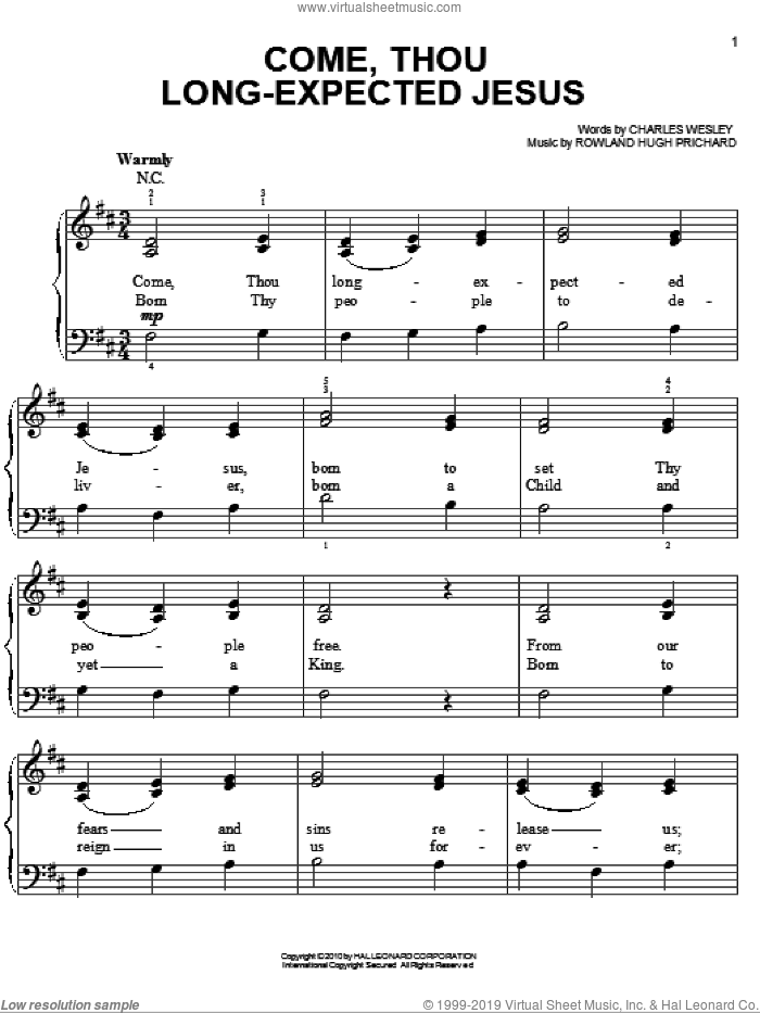 Come, Thou Long-Expected Jesus sheet music for piano solo by Chris Tomlin, Charles Wesley and Rowland Prichard, easy skill level