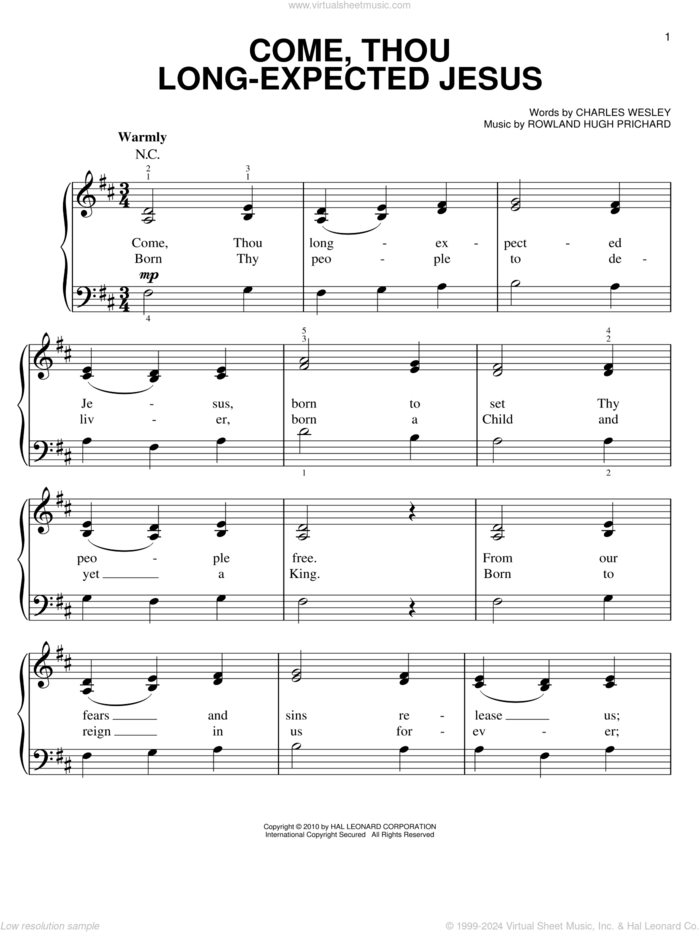 Come, Thou Long-Expected Jesus sheet music for piano solo by Chris Tomlin, Charles Wesley and Rowland Prichard, easy skill level