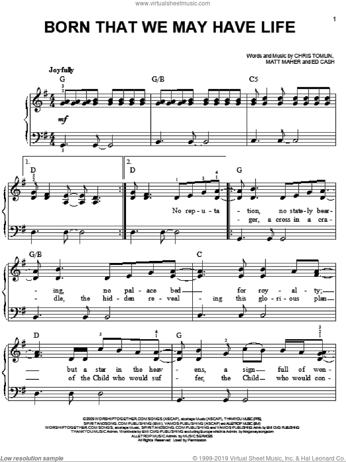Born That We May Have Life sheet music for piano solo by Chris Tomlin, Ed Cash and Matt Maher, easy skill level
