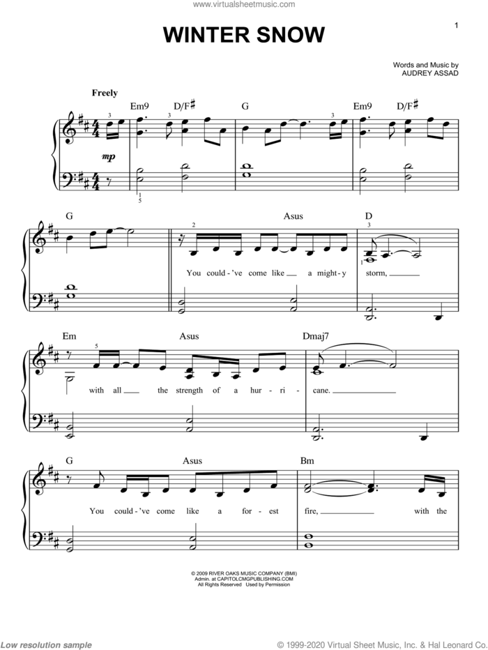 Winter Snow sheet music for piano solo by Chris Tomlin and Audrey Assad, easy skill level