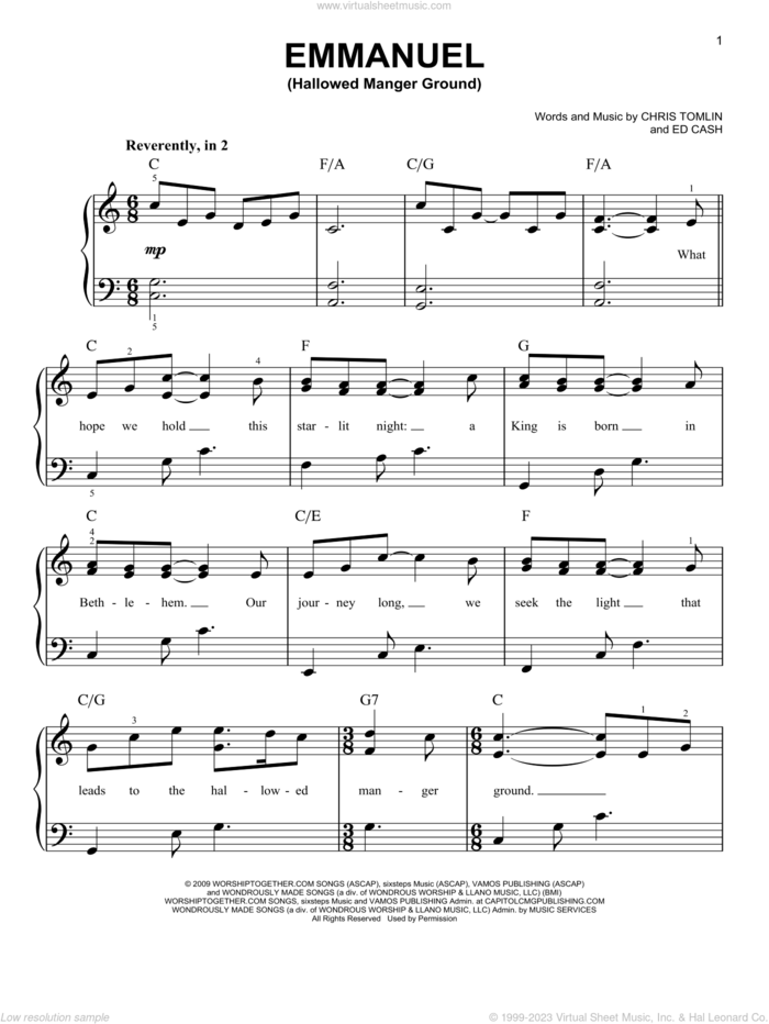 Emmanuel (Hallowed Manger Ground) sheet music for piano solo by Chris Tomlin and Ed Cash, easy skill level