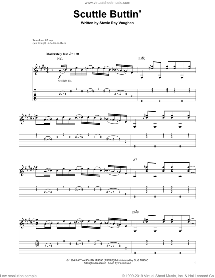 Scuttle Buttin' sheet music for guitar (tablature, play-along) by Stevie Ray Vaughan, intermediate skill level