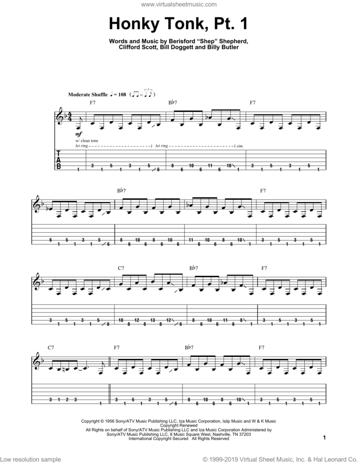 Honky Tonk (Part 1) sheet music for guitar (tablature, play-along) by Billy Butler, Berisford Shepherd, Bill Doggett and Clifford Scott, intermediate skill level