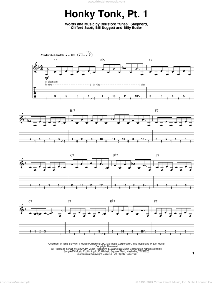 Honky Tonk (Part 1) sheet music for guitar (tablature, play-along) by Billy Butler, Berisford Shepherd, Bill Doggett and Clifford Scott, intermediate skill level