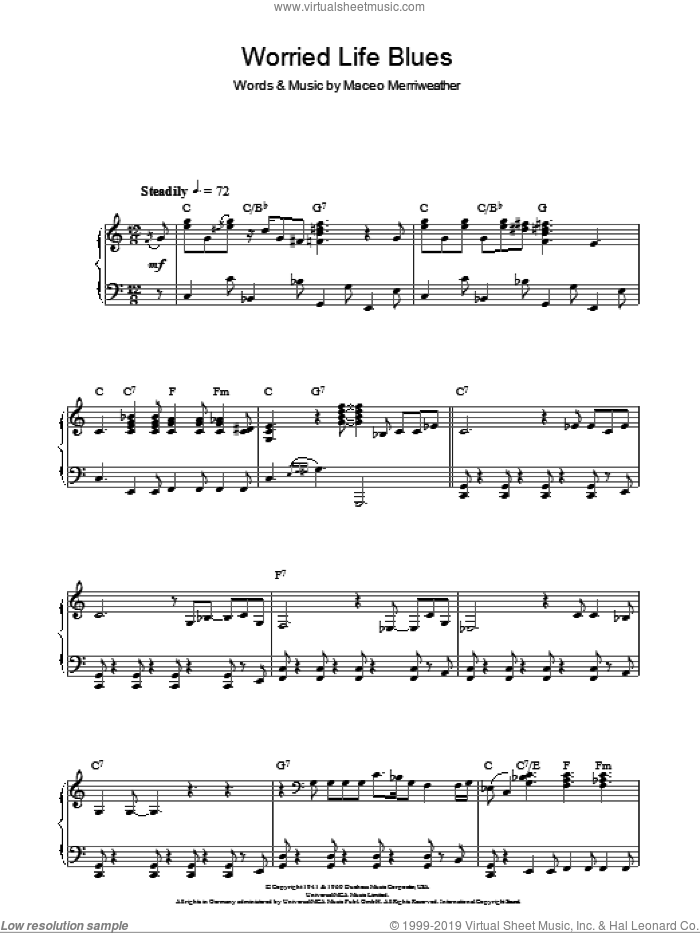 Worried Life Blues, (intermediate) sheet music for piano solo by Maceo Merriweather, intermediate skill level