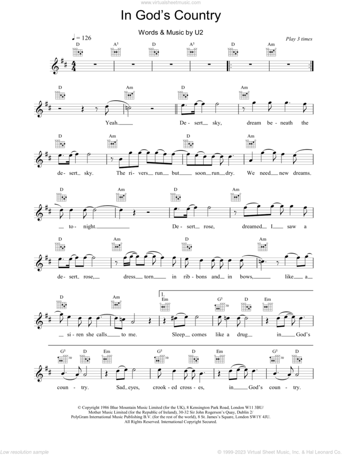In God's Country sheet music for voice and other instruments (fake book) by U2, intermediate skill level