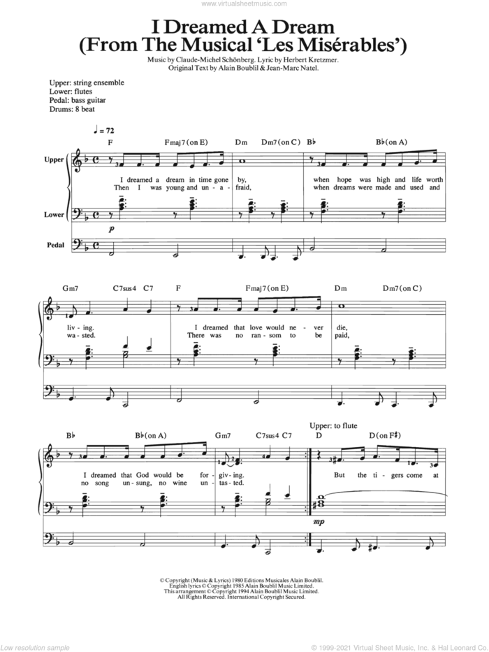 I Dreamed A Dream sheet music for organ by Claude-Michel Schonberg, Les Miserables (Musical), Alain Boublil, Herbert Kretzmer and Jean-Marc Natel, intermediate skill level