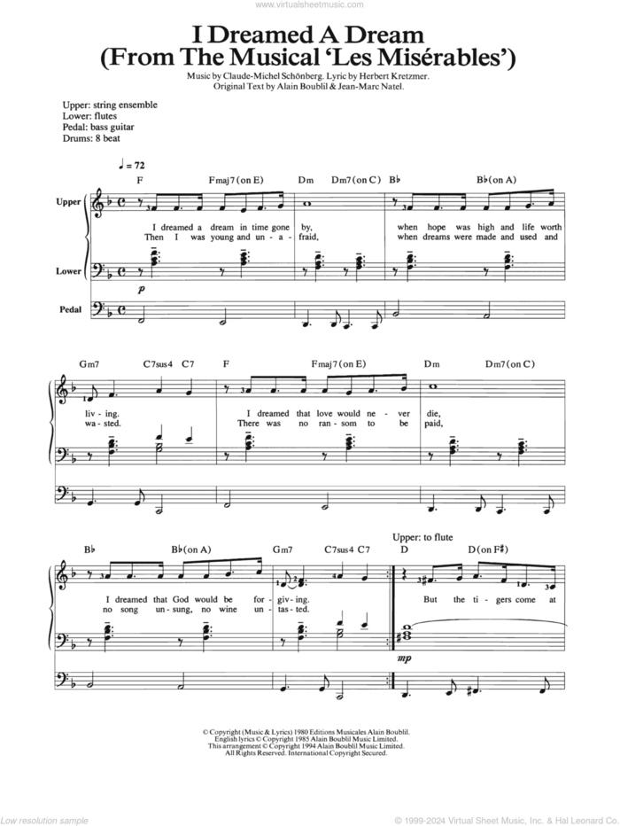 I Dreamed A Dream sheet music for organ by Claude-Michel Schonberg, Les Miserables (Musical), Alain Boublil, Herbert Kretzmer and Jean-Marc Natel, intermediate skill level