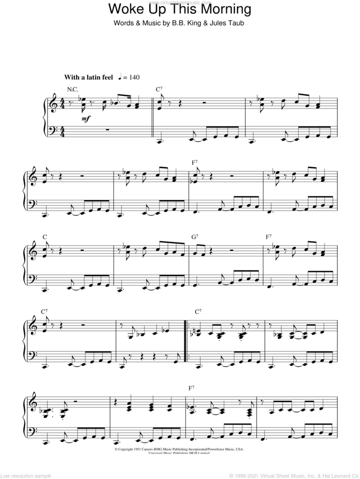 Woke Up This Morning sheet music for piano solo by B.B. King and Jules Taub, intermediate skill level