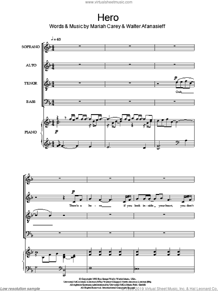 Hero sheet music for choir (SATB: soprano, alto, tenor, bass) by Mariah Carey and Walter Afanasieff, intermediate skill level