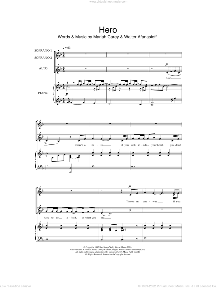 Hero sheet music for choir (SSA: soprano, alto) by Mariah Carey and Walter Afanasieff, intermediate skill level