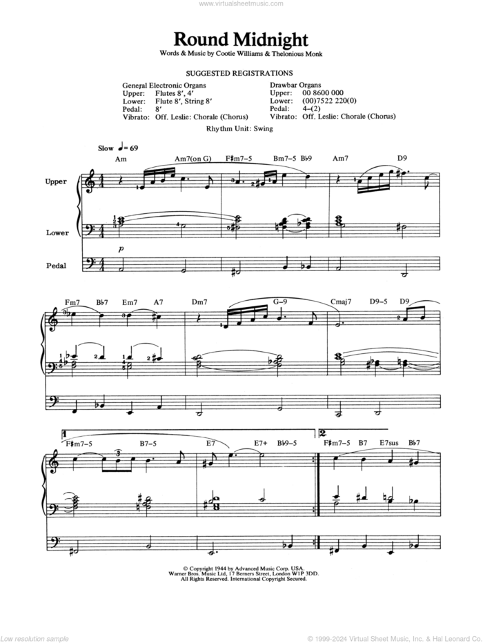 'Round Midnight sheet music for organ by Thelonious Monk and Cootie Williams, intermediate skill level