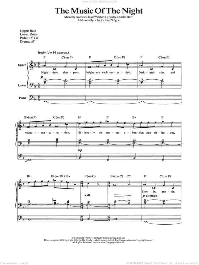 The Music Of The Night sheet music for organ by Andrew Lloyd Webber, The Phantom Of The Opera (Musical), Charles Hart and Richard Stilgoe, intermediate skill level