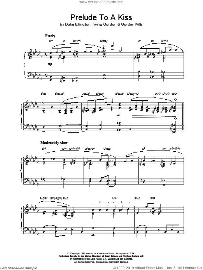 Prelude To A Kiss, (intermediate) sheet music for piano solo by Duke Ellington, Gordon Mills and Irving Gordon, intermediate skill level