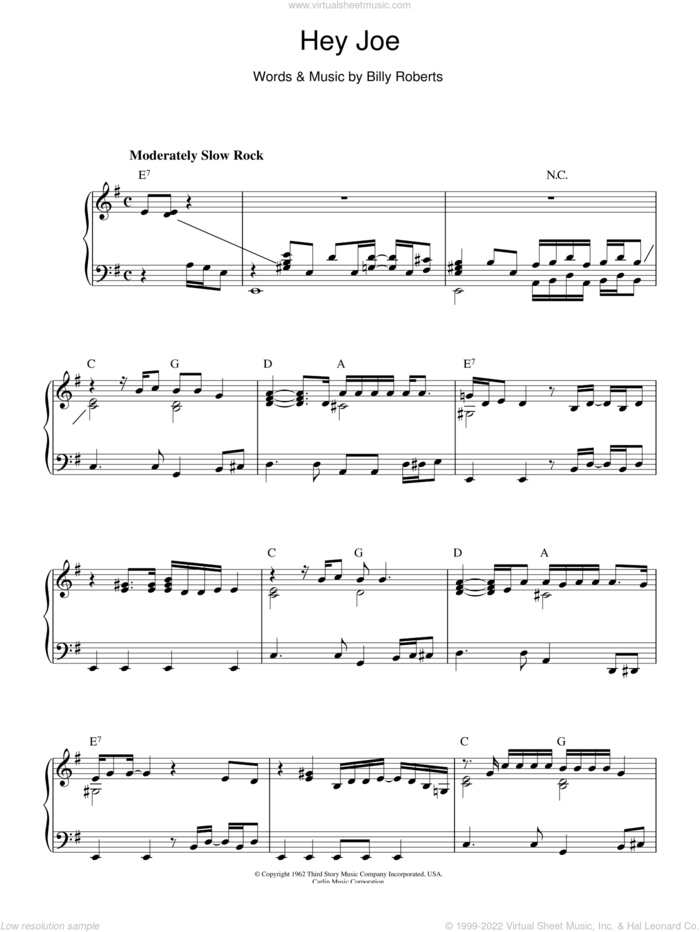 Hey Joe, (intermediate) sheet music for piano solo by Jimi Hendrix and Billy Roberts, intermediate skill level