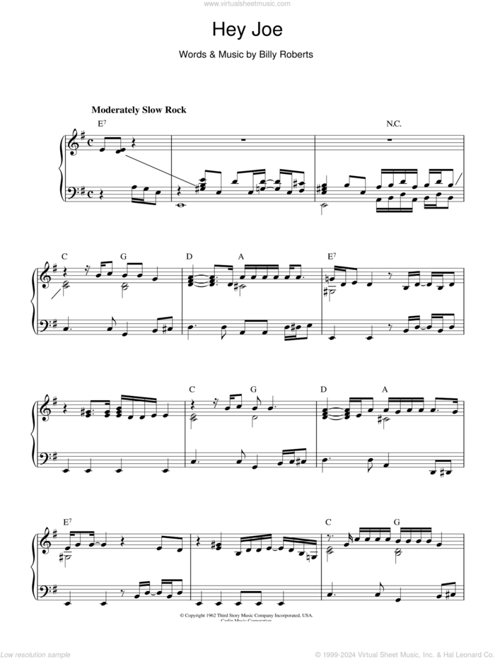 Hey Joe, (intermediate) sheet music for piano solo by Jimi Hendrix and Billy Roberts, intermediate skill level