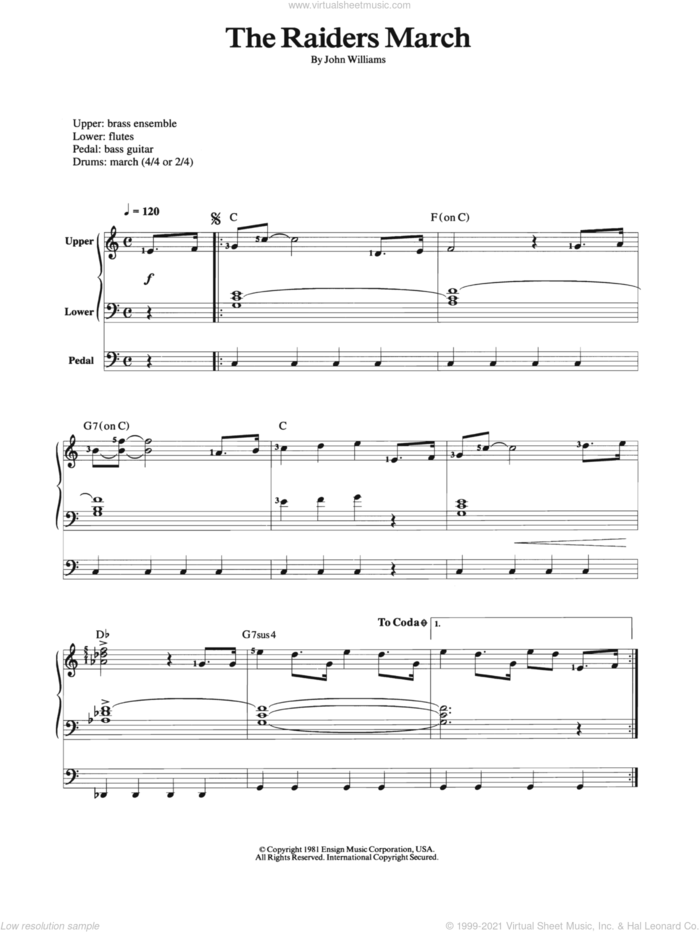 Raiders March sheet music for organ by John Williams, intermediate skill level