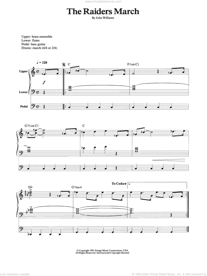 Raiders March sheet music for organ by John Williams, intermediate skill level