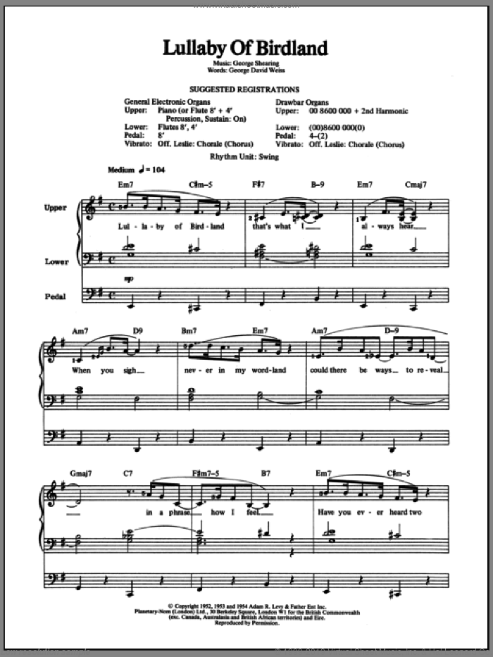 Lullaby Of Birdland sheet music for organ by George Shearing and George David Weiss, intermediate skill level