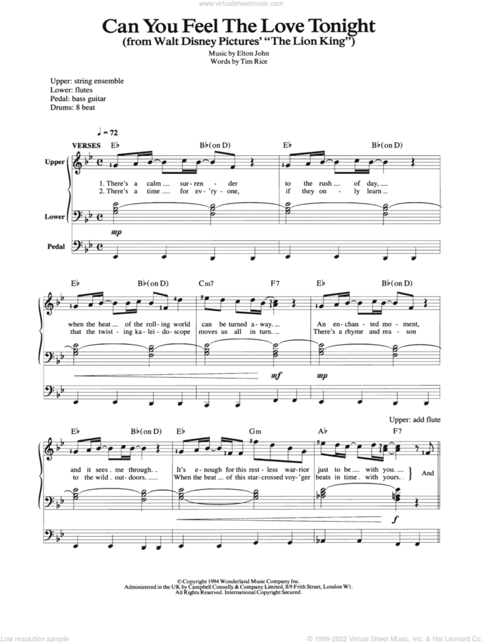 Can You Feel The Love Tonight (from The Lion King) sheet music for organ by Elton John, The Lion King and Tim Rice, wedding score, intermediate skill level