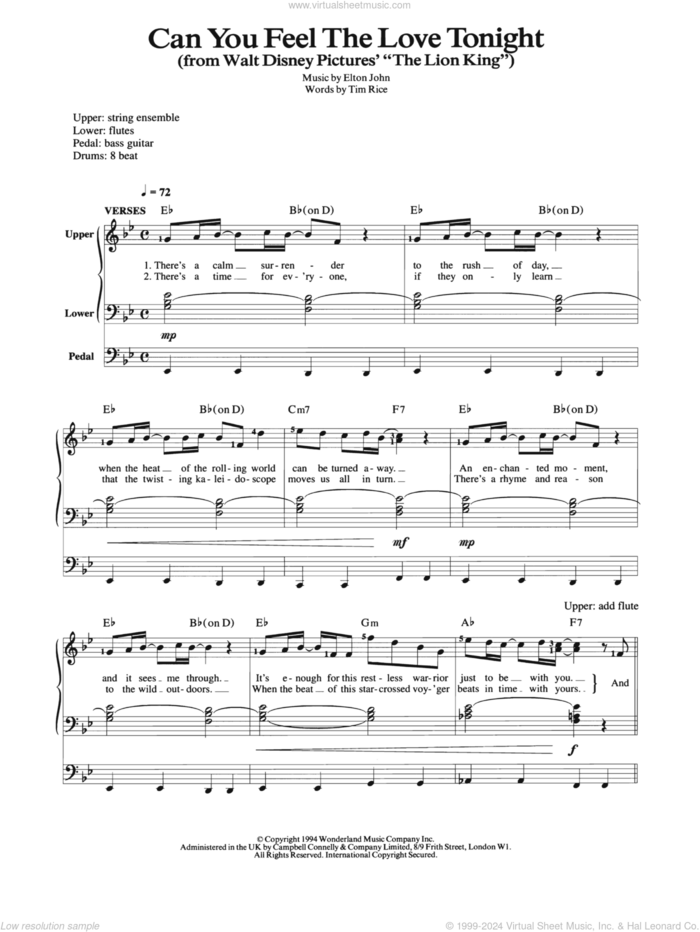 Can You Feel The Love Tonight (from The Lion King) sheet music for organ by Elton John, The Lion King and Tim Rice, wedding score, intermediate skill level