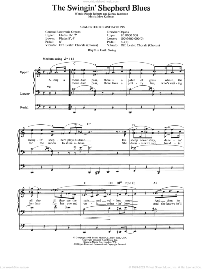 Swingin' Shepherd Blues sheet music for organ by Moe Koffman, Kenny Jacobson and Rhoda Roberts, intermediate skill level
