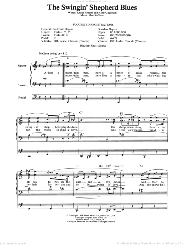 Swingin' Shepherd Blues sheet music for organ by Moe Koffman, Kenny Jacobson and Rhoda Roberts, intermediate skill level