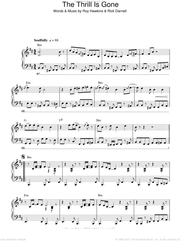 The Thrill Is Gone, (intermediate) sheet music for piano solo by B.B. King, Rick Darnell and Roy Hawkins, intermediate skill level