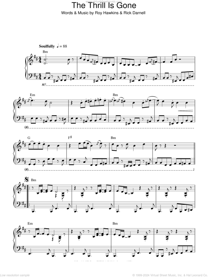 The Thrill Is Gone, (intermediate) sheet music for piano solo by B.B. King, Rick Darnell and Roy Hawkins, intermediate skill level