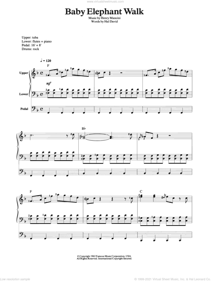Baby Elephant Walk sheet music for organ by Henry Mancini, intermediate skill level