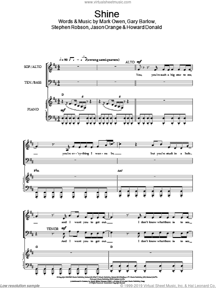 Shine sheet music for choir (SATB: soprano, alto, tenor, bass) by Take That, Gary Barlow, Howard Donald, Jason Orange, Mark Owen and Steve Robson, intermediate skill level