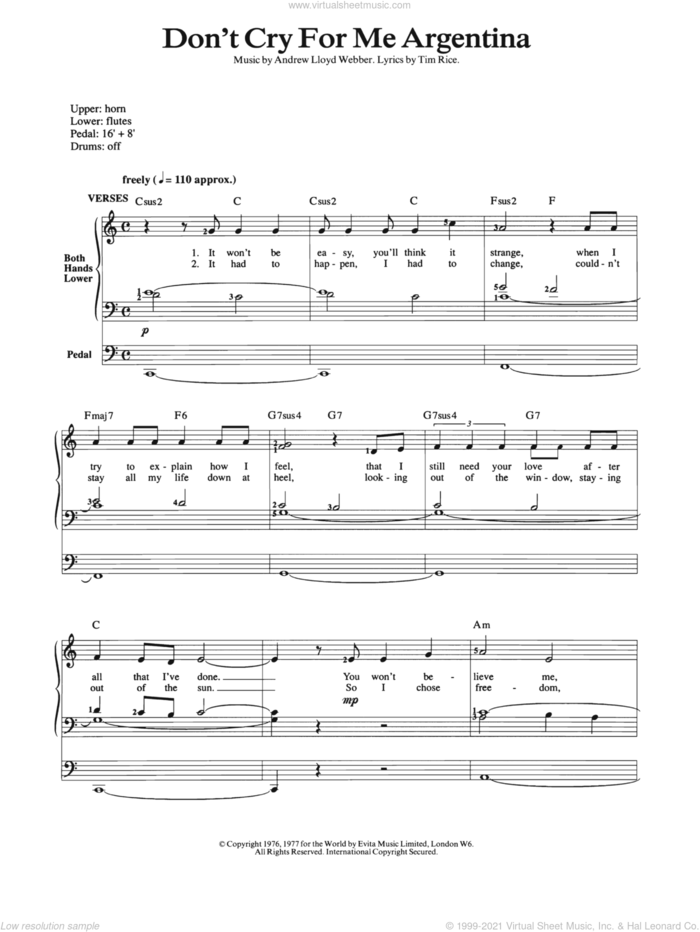 Don't Cry For Me Argentina sheet music for organ by Andrew Lloyd Webber, Evita (Musical) and Tim Rice, intermediate skill level
