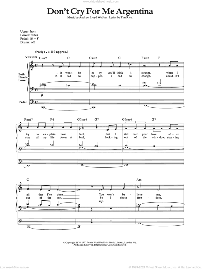 Don't Cry For Me Argentina sheet music for organ by Andrew Lloyd Webber, Evita (Musical) and Tim Rice, intermediate skill level