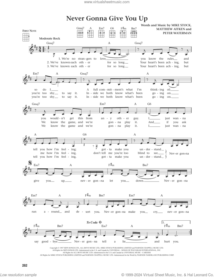 Never Gonna Give You Up (from The Daily Ukulele) (arr. Jim Beloff) sheet music for ukulele by Rick Astley, Jim Beloff, Matthew Aitken, Mike Stock and Pete Waterman, intermediate skill level