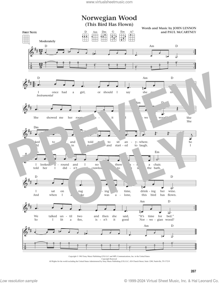 Norwegian Wood (This Bird Has Flown) (from The Daily Ukulele) (arr. Jim Beloff) sheet music for ukulele by The Beatles, Jim Beloff, John Lennon and Paul McCartney, intermediate skill level