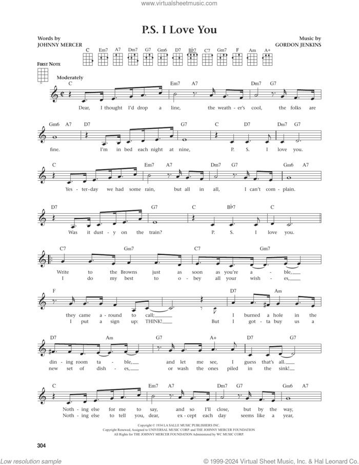 P.S. I Love You (from The Daily Ukulele) (arr. Jim Beloff) sheet music for ukulele by The Hilltoppers, Jim Beloff, Gordon Jenkins and Johnny Mercer, intermediate skill level