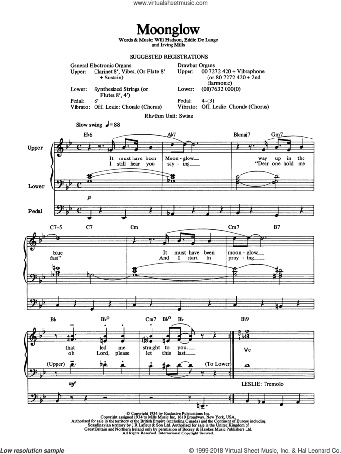 Moonglow sheet music for organ by Irving Mills, Rod Stewart, Eddie DeLange and Will Hudson, intermediate skill level