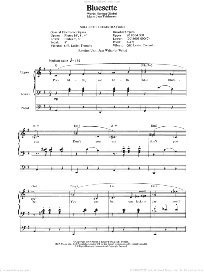 Bluesette sheet music for organ by Toots Thielemans, Jean Thielemans and Norman Gimbel, intermediate skill level